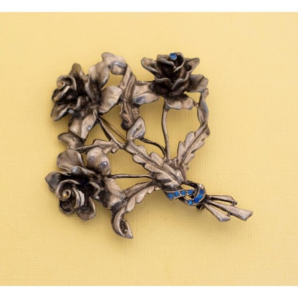 Vintage Art Nouveau Silver Roses Stylish Brooch i27 - Picture 1 of 2
